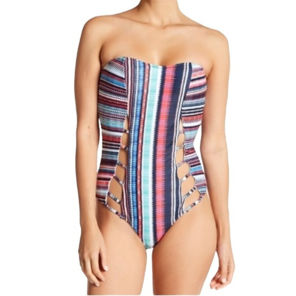 Blue Multi Color Print Cutout Swimsuit‎ Bathing Suit Removable Strap XL - Picture 1 of 9